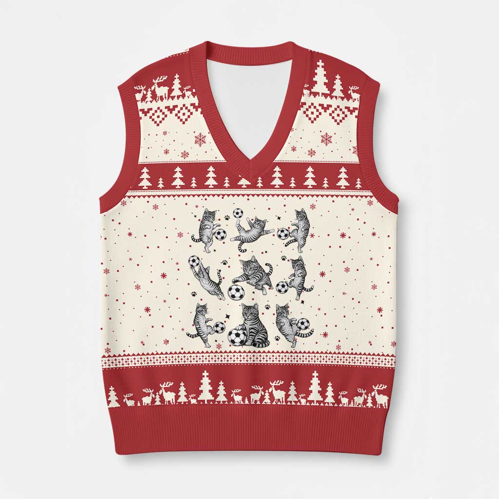 Funny Cat Soccer Player V-Neck Knit Sweater Vest Gift For Soccer Lovers TS12 Beige Red Print Your Wear