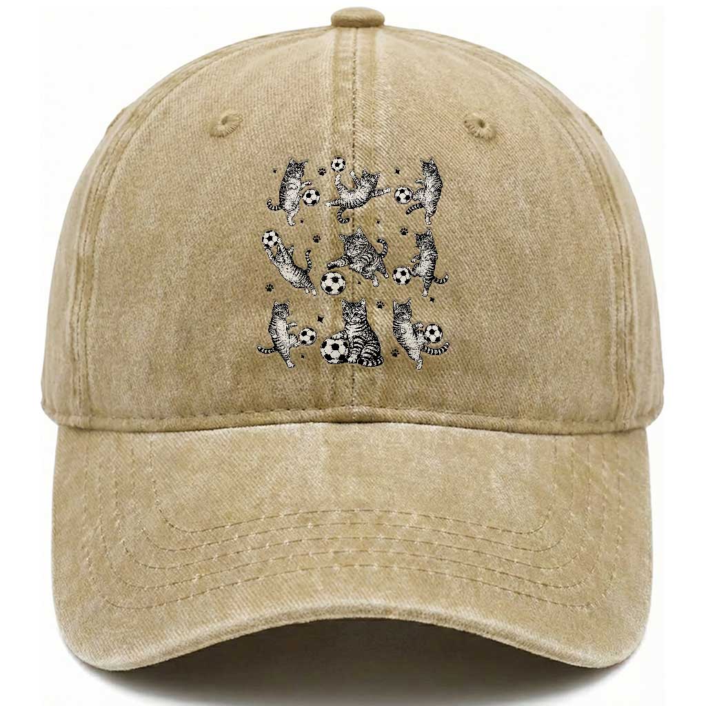 Funny Cat Soccer Player Washed Cotton Baseball Cap Gift For Soccer Lovers TS12 Print Your Wear