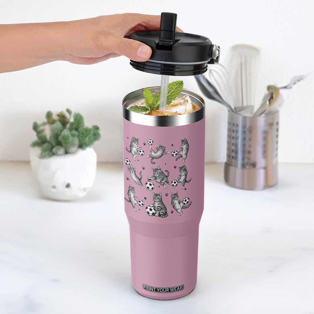 Funny Cat Soccer Player Flip Straw Tumbler Gift For Soccer Lovers TS12 One Size: 30 oz Light Pink Print Your Wear