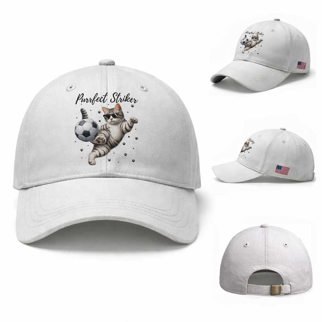 Purrfect Striker Baseball Cap Funny Cat Soccer Player Gift TS12 Baseball Cap Universal Fit White Print Your Wear