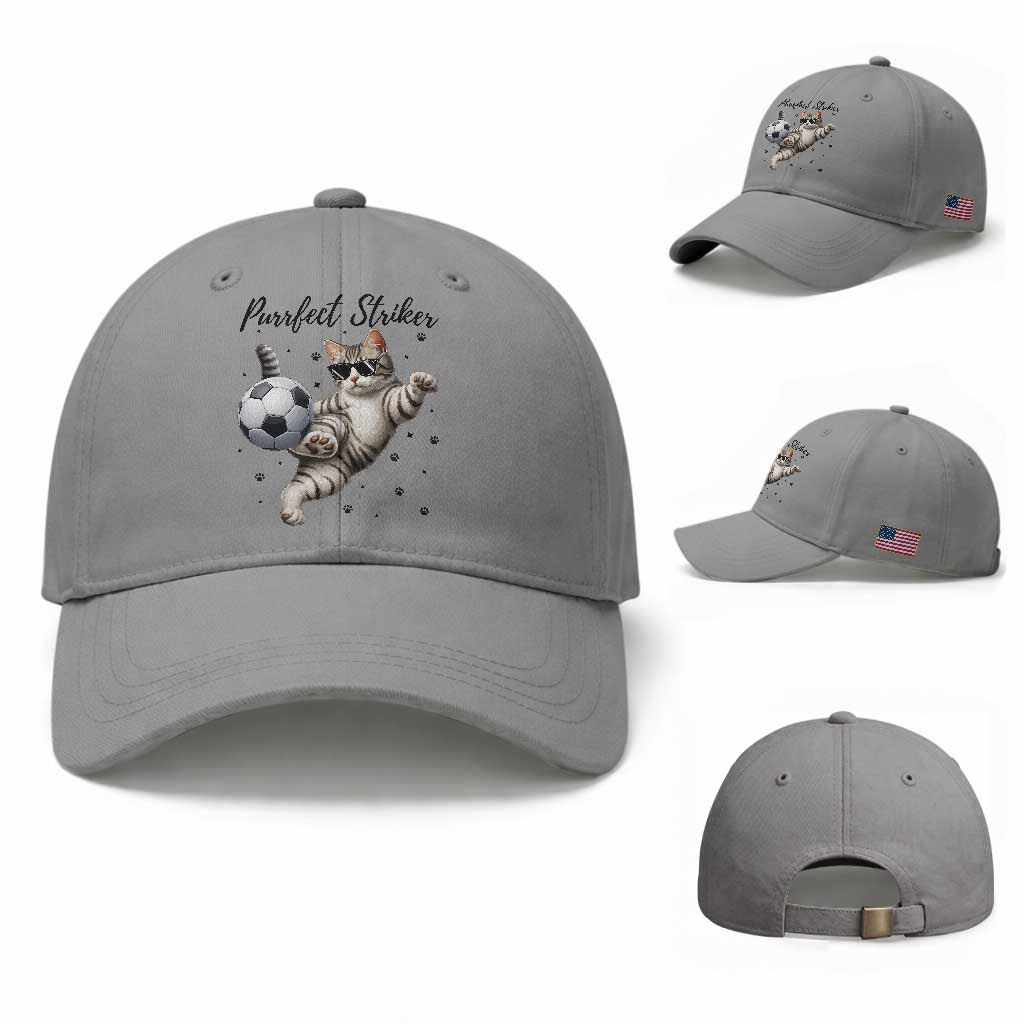 Purrfect Striker Baseball Cap Funny Cat Soccer Player Gift TS12 Baseball Cap Universal Fit Sport Gray Print Your Wear