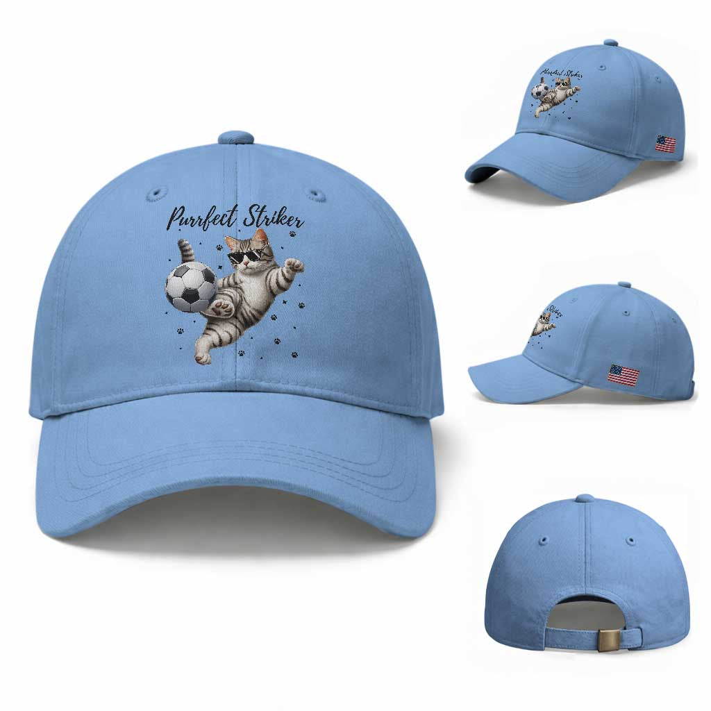 Purrfect Striker Baseball Cap Funny Cat Soccer Player Gift TS12 Baseball Cap Universal Fit Light Blue Print Your Wear