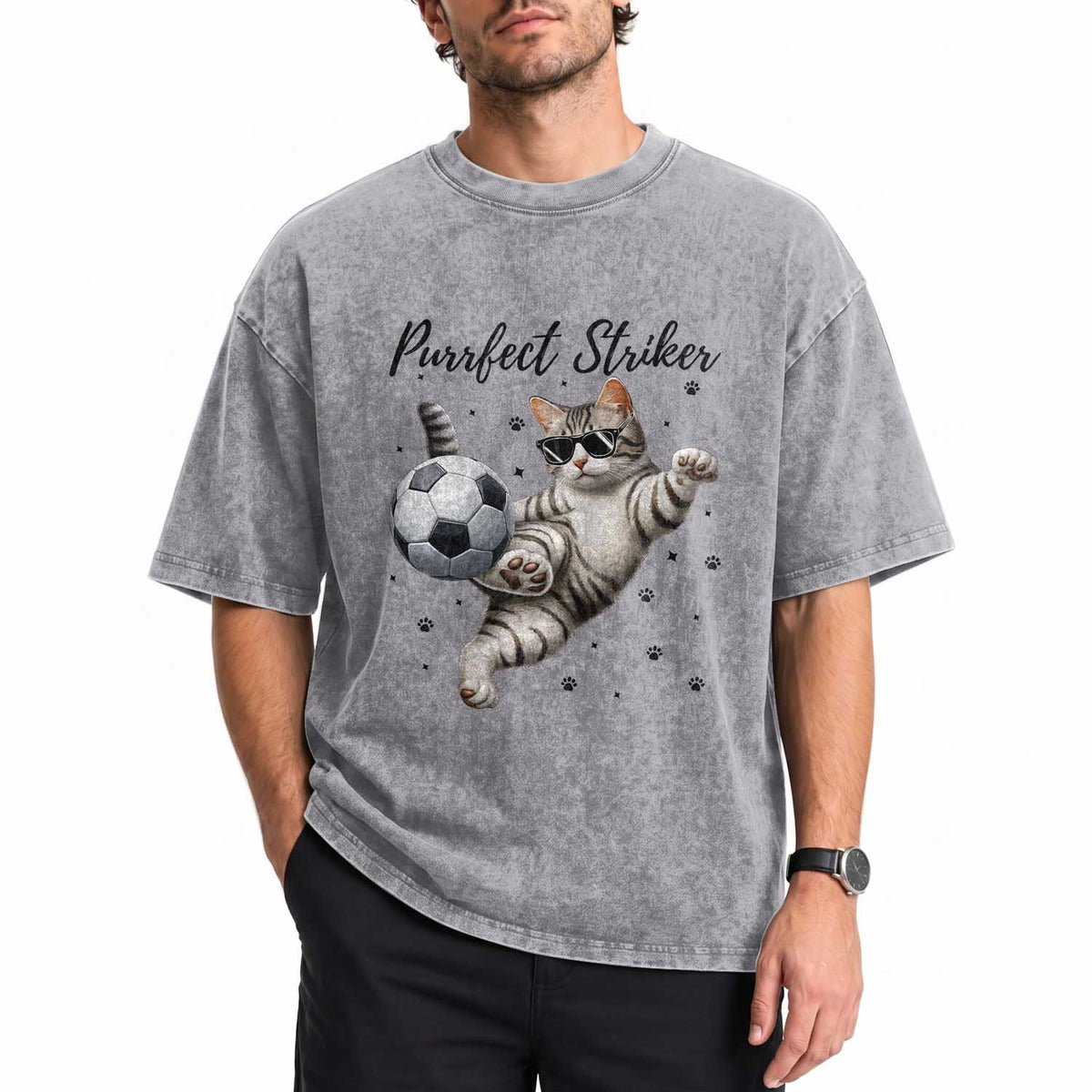 Purrfect Striker Washed Cotton T-Shirt Funny Cat Soccer Player Gift