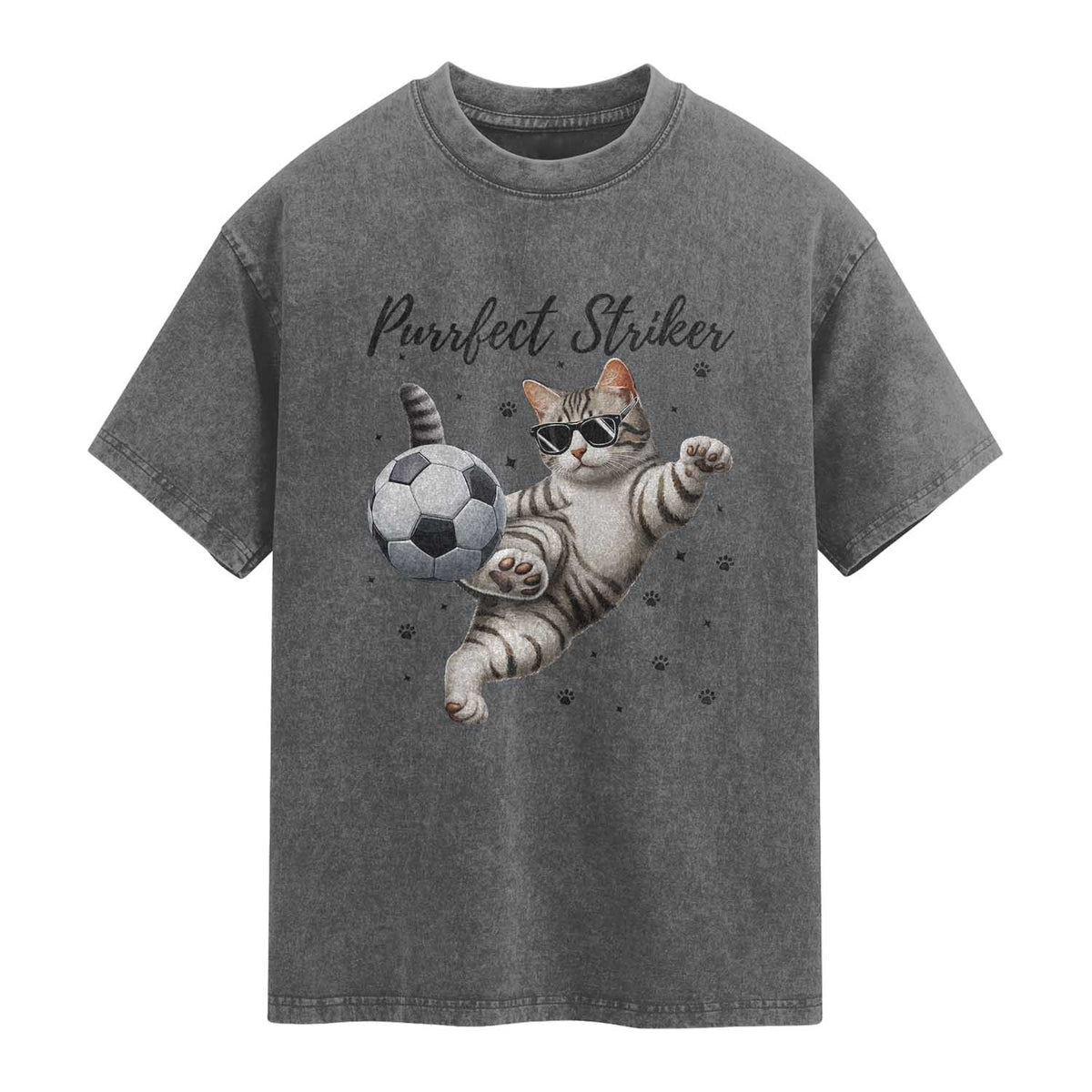 Purrfect Striker Washed Cotton T-Shirt Funny Cat Soccer Player Gift