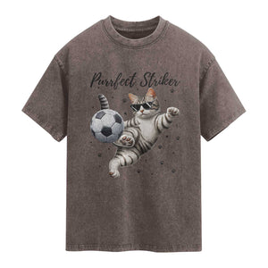 Purrfect Striker Washed Cotton T-Shirt Funny Cat Soccer Player Gift