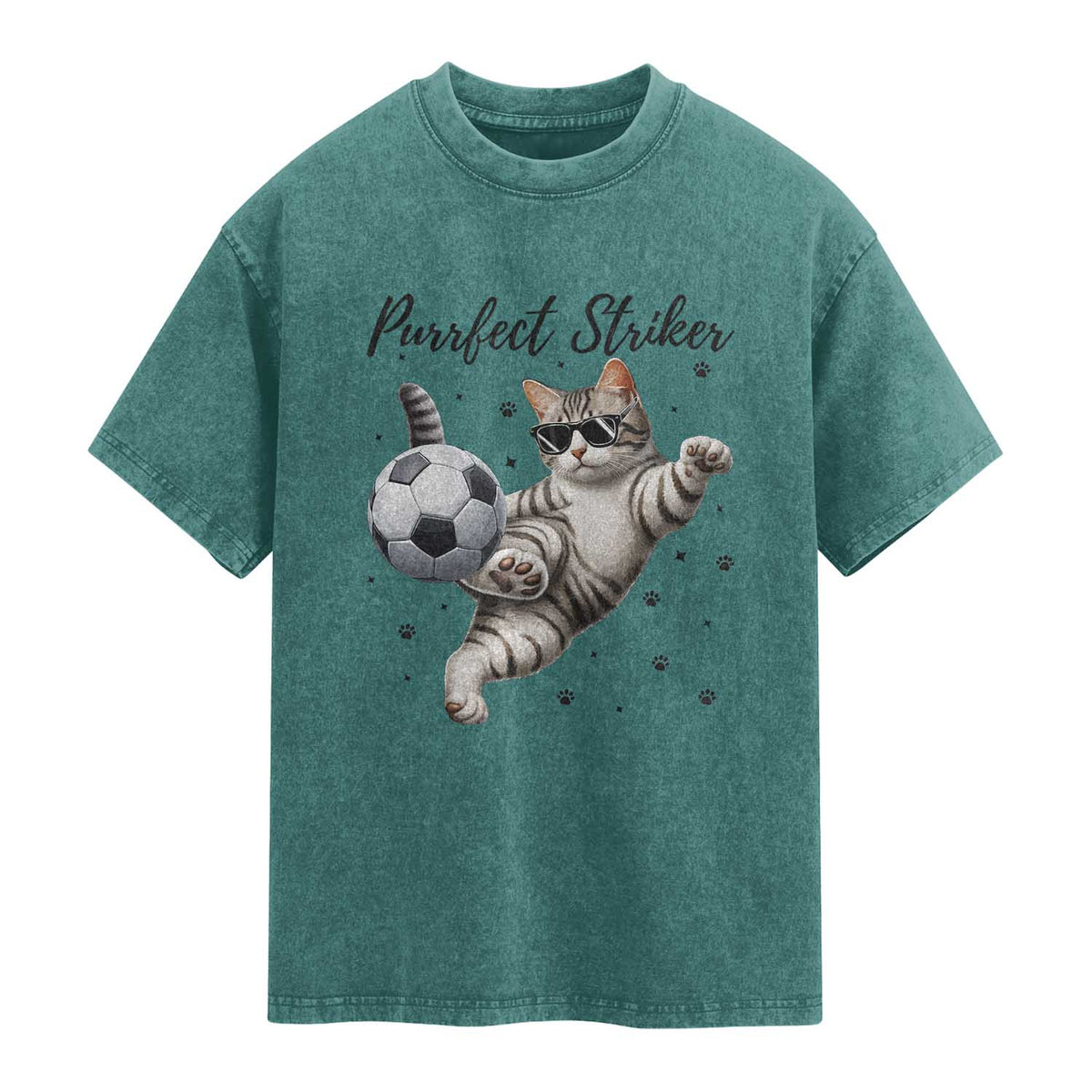 Purrfect Striker Washed Cotton T-Shirt Funny Cat Soccer Player Gift