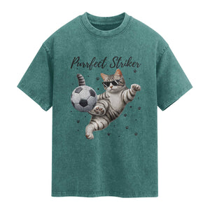 Purrfect Striker Washed Cotton T-Shirt Funny Cat Soccer Player Gift