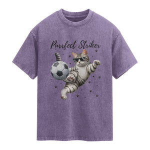 Purrfect Striker Washed Cotton T-Shirt Funny Cat Soccer Player Gift