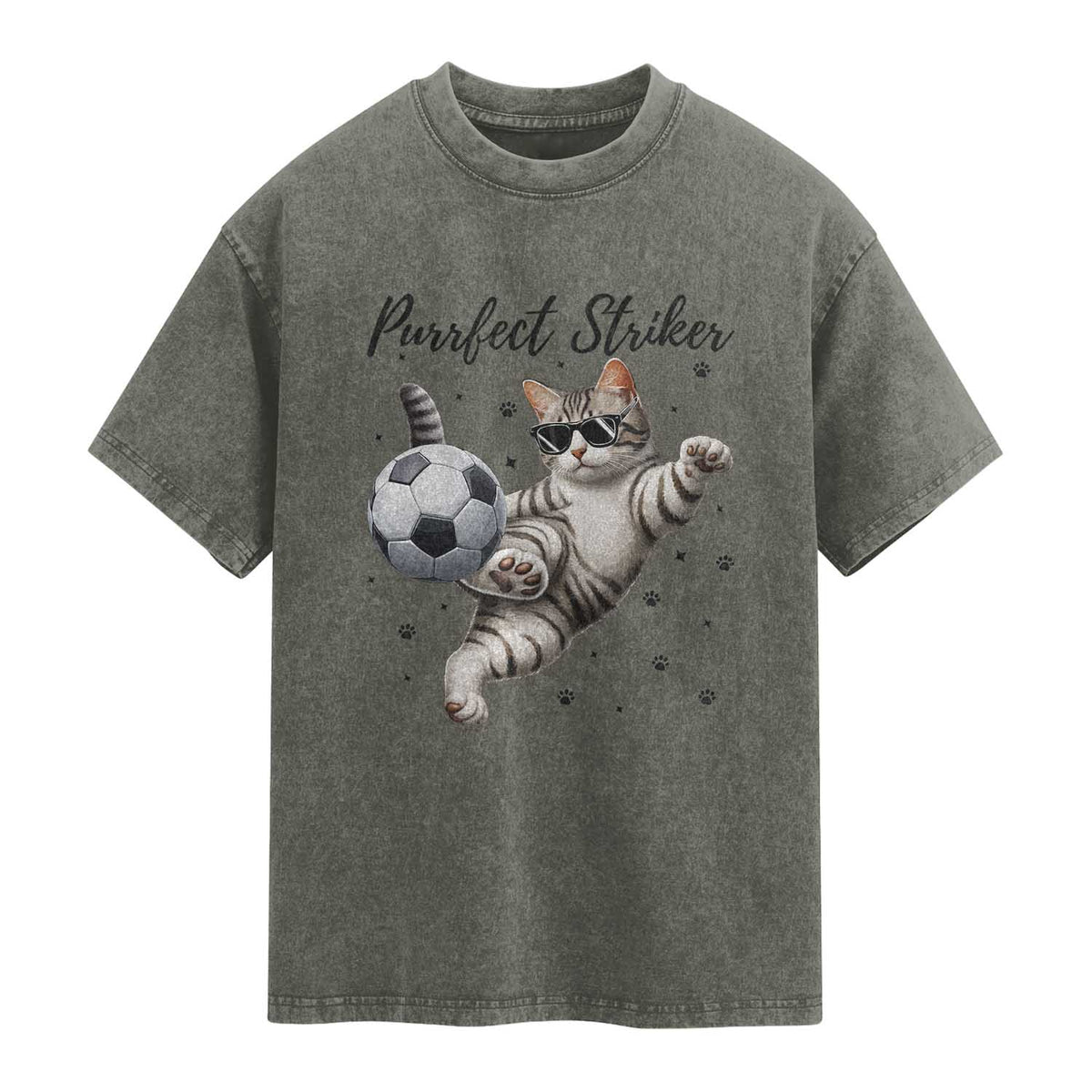Purrfect Striker Washed Cotton T-Shirt Funny Cat Soccer Player Gift
