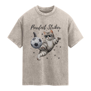 Purrfect Striker Washed Cotton T-Shirt Funny Cat Soccer Player Gift