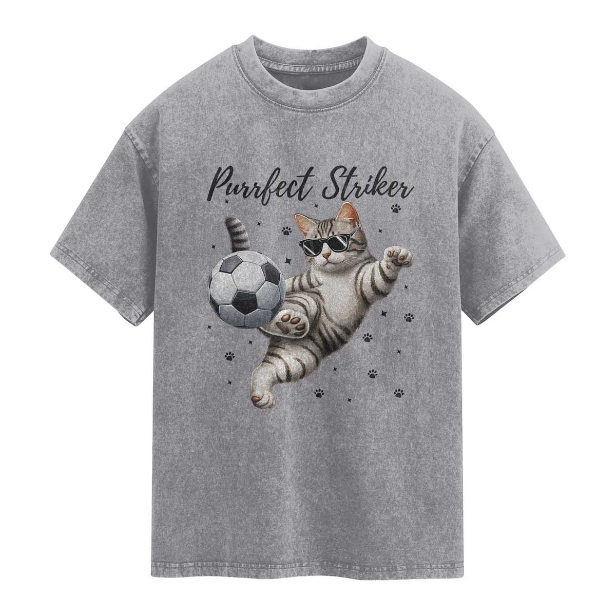 Purrfect Striker Washed Cotton T-Shirt Funny Cat Soccer Player Gift