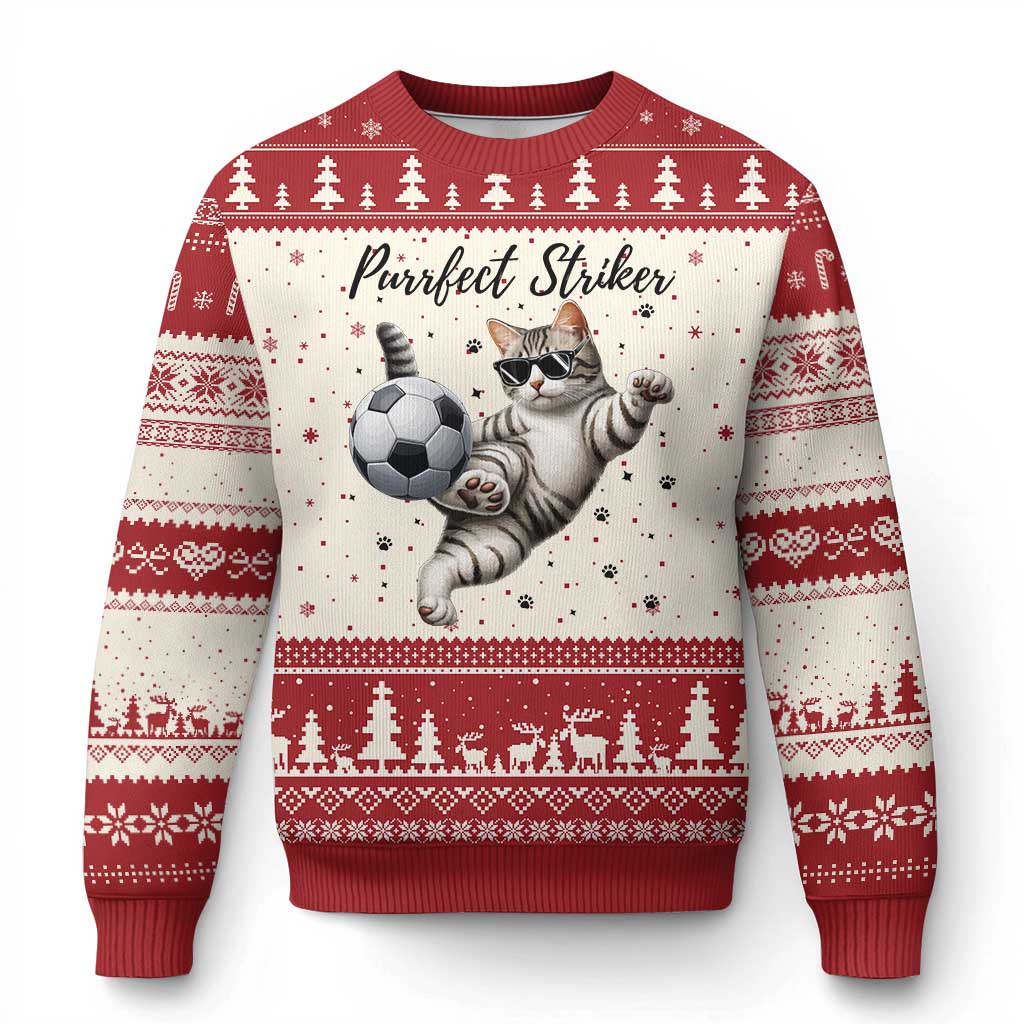 Purrfect Striker Ugly Christmas Sweater Funny Cat Soccer Player Gift TS12 Beige Red Print Your Wear