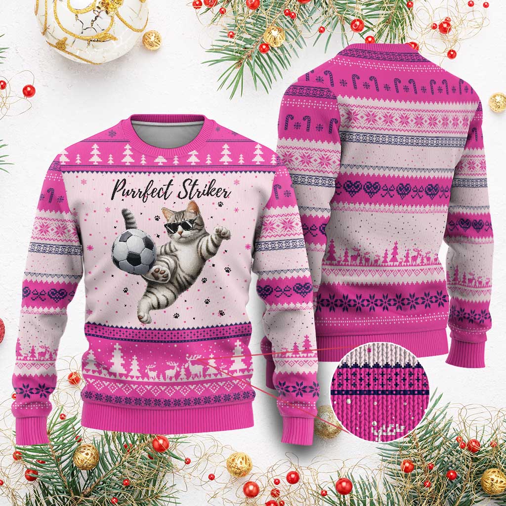 Purrfect Striker Ugly Christmas Sweater Funny Cat Soccer Player Gift TS12 Hot Pink Print Your Wear