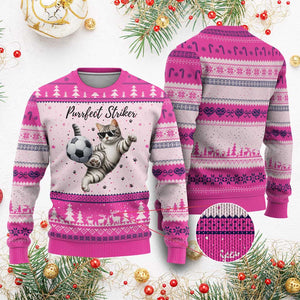 Purrfect Striker Ugly Christmas Sweater Funny Cat Soccer Player Gift TS12 Hot Pink Print Your Wear