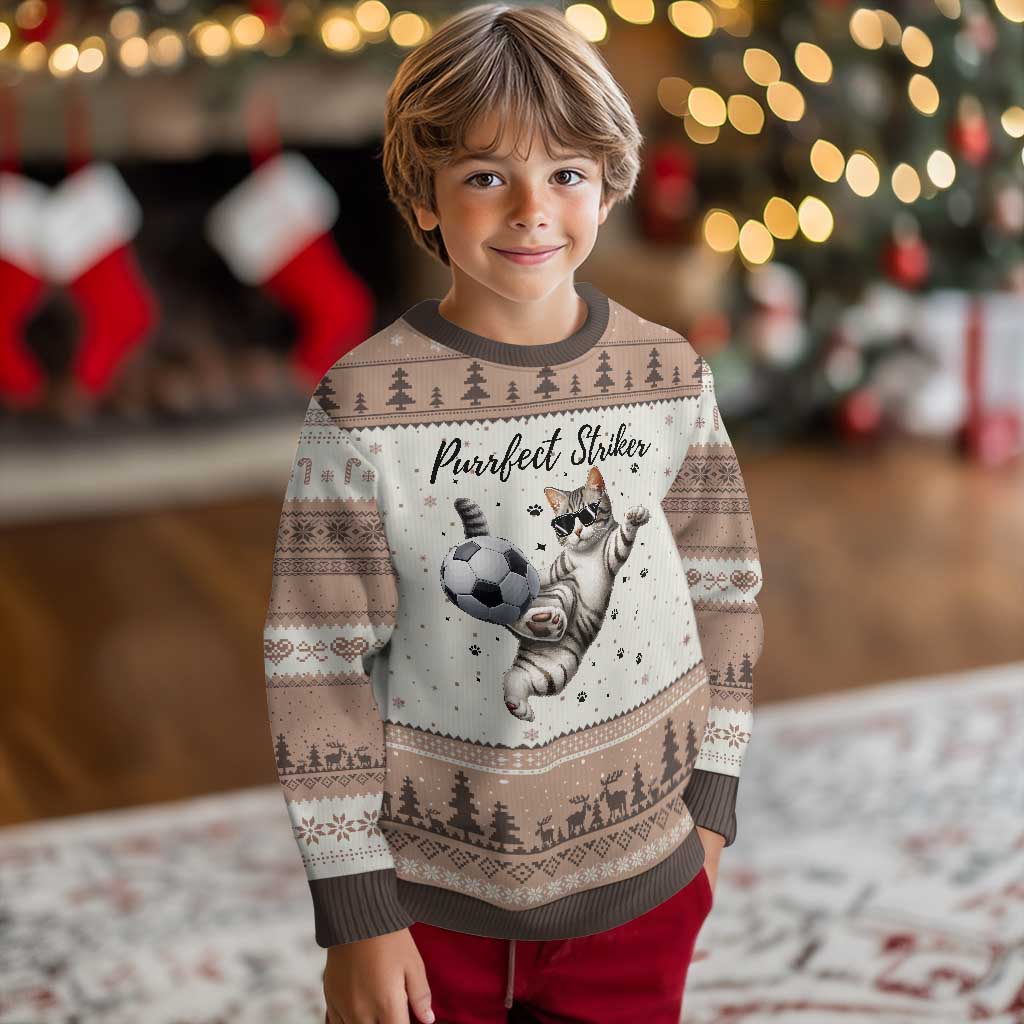 Purrfect Striker Ugly Christmas Sweater Funny Cat Soccer Player Gift TS12 Mocha Mousse Print Your Wear