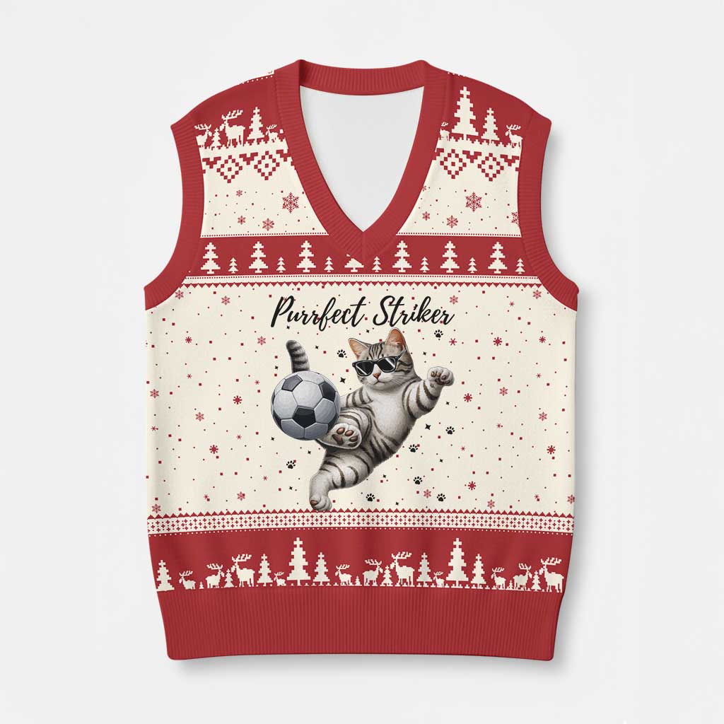 Purrfect Striker V-Neck Knit Sweater Vest Funny Cat Soccer Player Gift TS12 Beige Red Print Your Wear