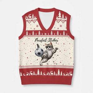 Purrfect Striker V-Neck Knit Sweater Vest Funny Cat Soccer Player Gift TS12 Beige Red Print Your Wear