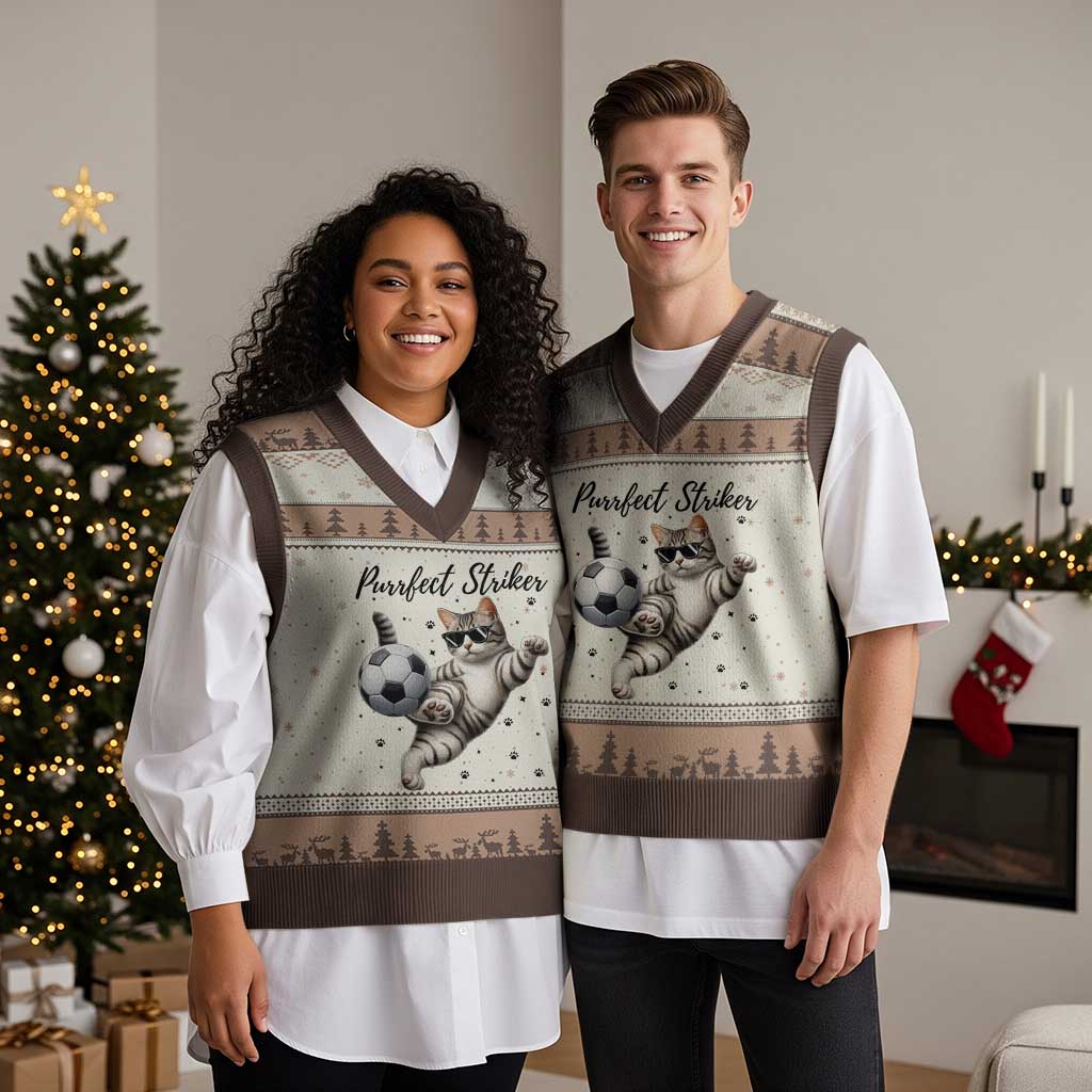 Purrfect Striker V-Neck Knit Sweater Vest Funny Cat Soccer Player Gift TS12 Mocha Mousse Print Your Wear