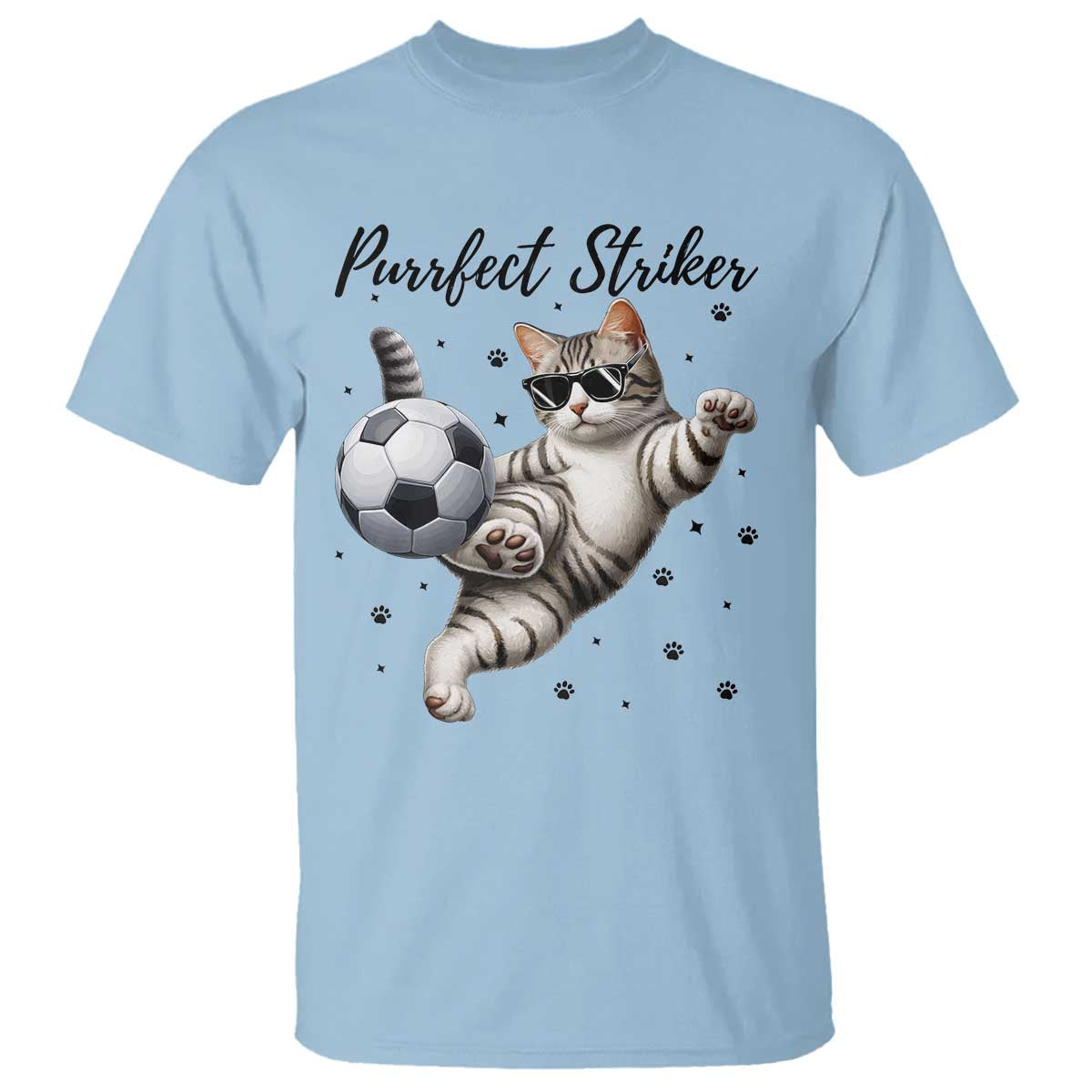 Purrfect Striker T Shirt Funny Cat Soccer Player Gift TS12 Light Blue Print Your Wear