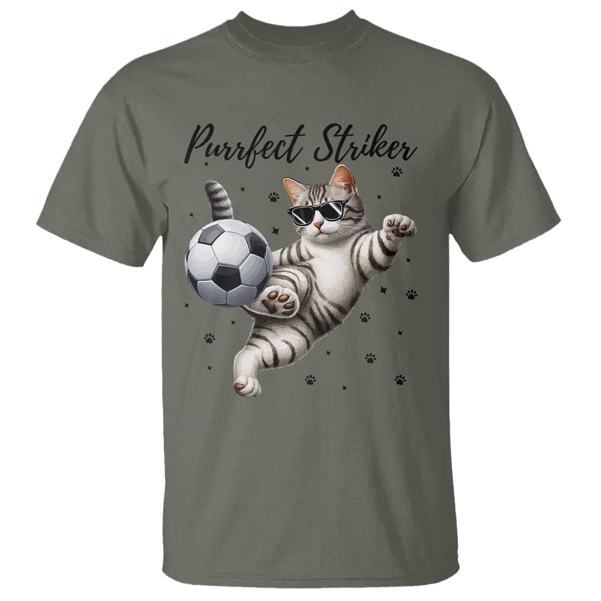 Purrfect Striker T Shirt Funny Cat Soccer Player Gift TS12 Military Green Print Your Wear