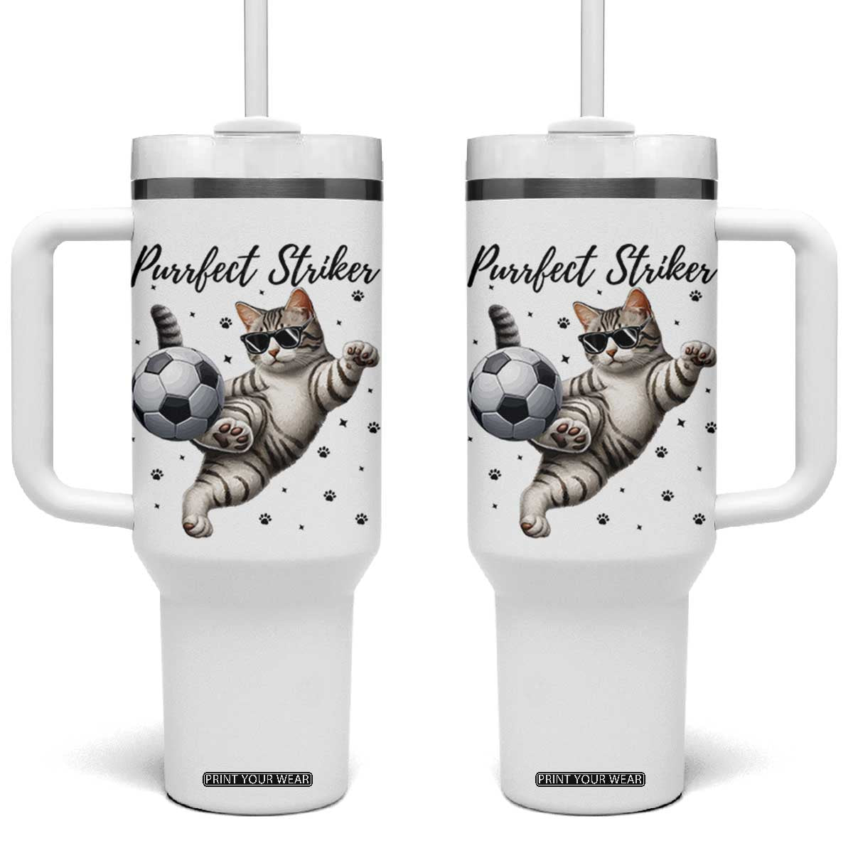 Purrfect Striker Tumbler With Handle Funny Cat Soccer Player Gift TS12 One Size: 40 oz White Print Your Wear