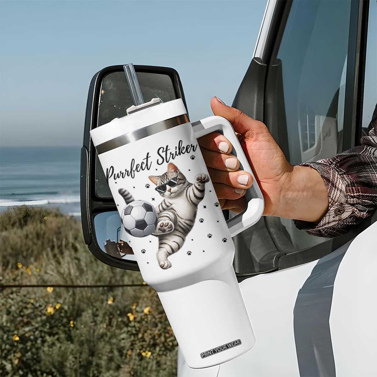 Purrfect Striker Tumbler With Handle Funny Cat Soccer Player Gift TS12 Print Your Wear