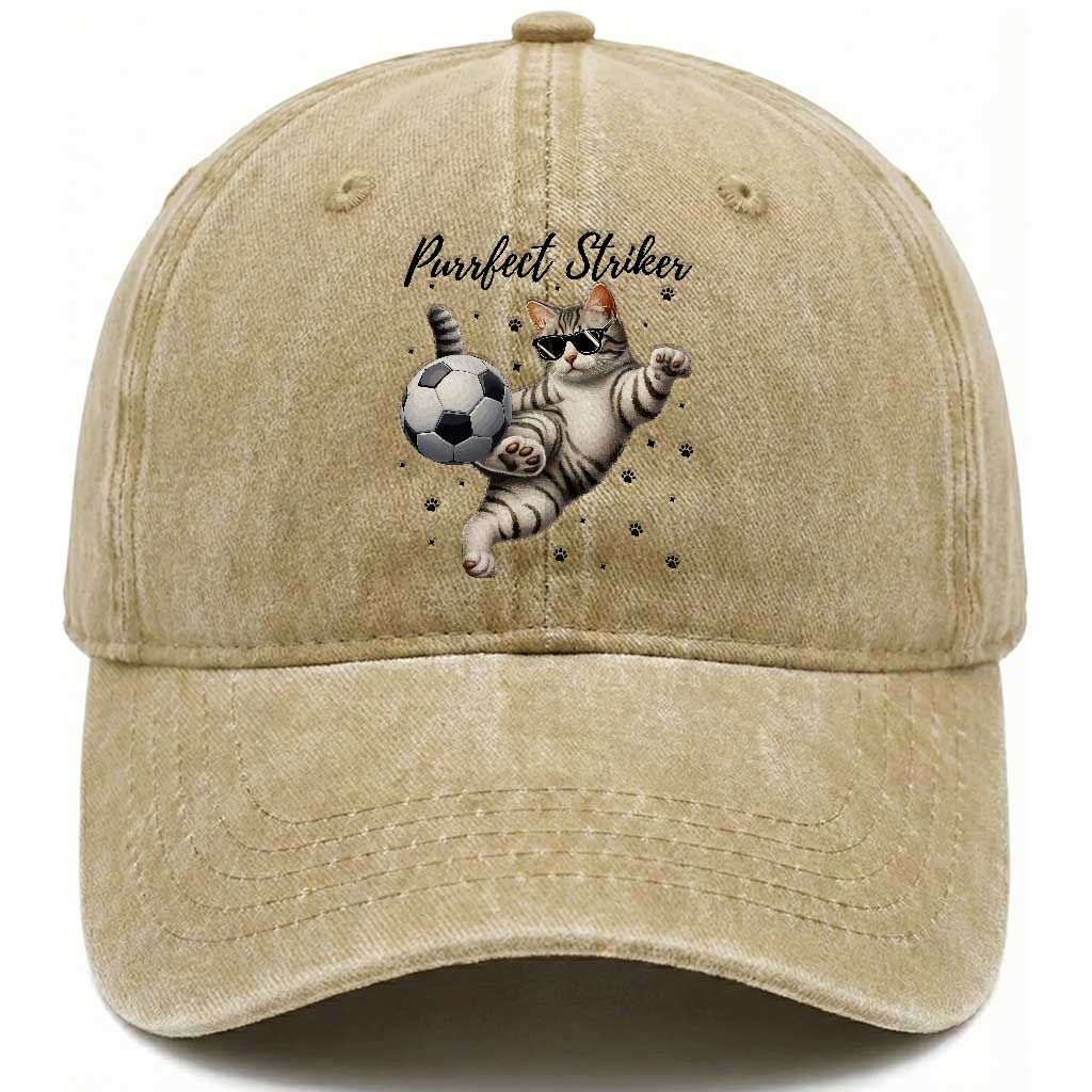 Purrfect Striker Washed Cotton Baseball Cap Funny Cat Soccer Player Gift TS12 Print Your Wear