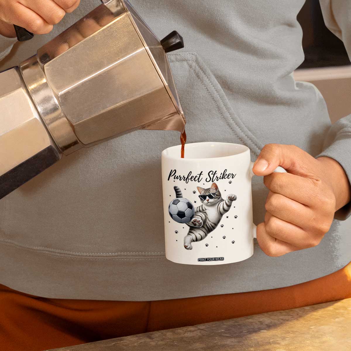 Purrfect Striker Coffee Mug Funny Cat Soccer Player Gift TS12 Print Your Wear