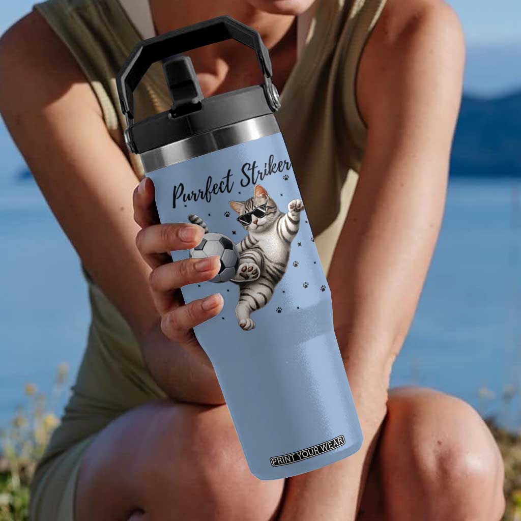 Purrfect Striker Flip Straw Tumbler Funny Cat Soccer Player Gift TS12 One Size: 30 oz Light Blue Print Your Wear