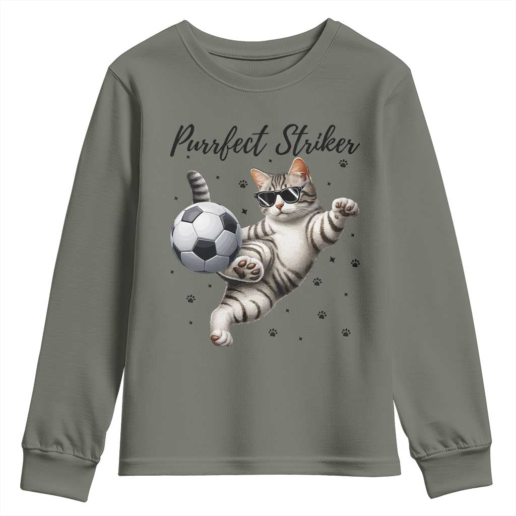Purrfect Striker Youth Sweatshirt Funny Cat Soccer Player Gift TS12 Military Green Print Your Wear