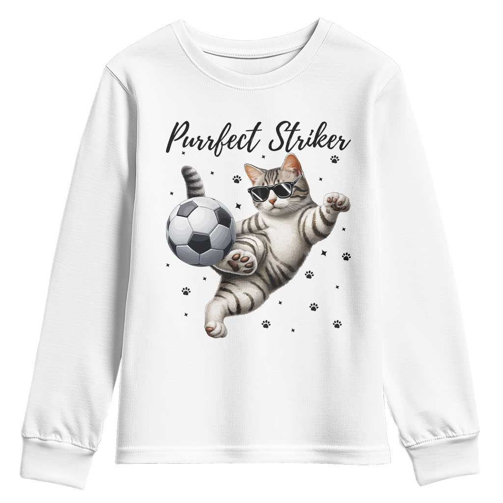 Purrfect Striker Youth Sweatshirt Funny Cat Soccer Player Gift TS12 White Print Your Wear