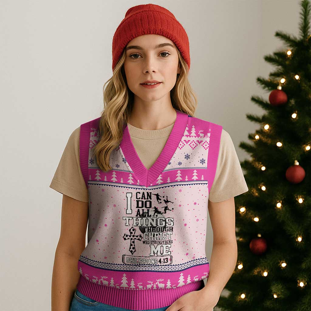 Soccer Christian Gift V-Neck Knit Sweater Vest I Can Do All Things Through Christ TS12 Hot Pink Print Your Wear