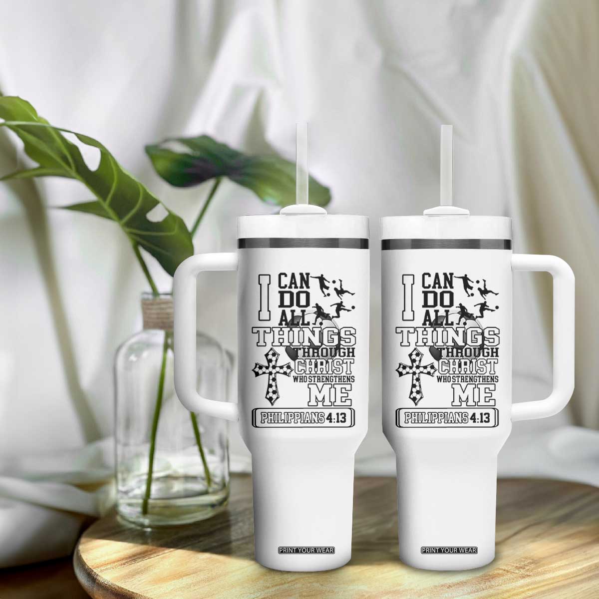 Soccer Christian Gift Tumbler With Handle I Can Do All Things Through Christ TS12 Print Your Wear