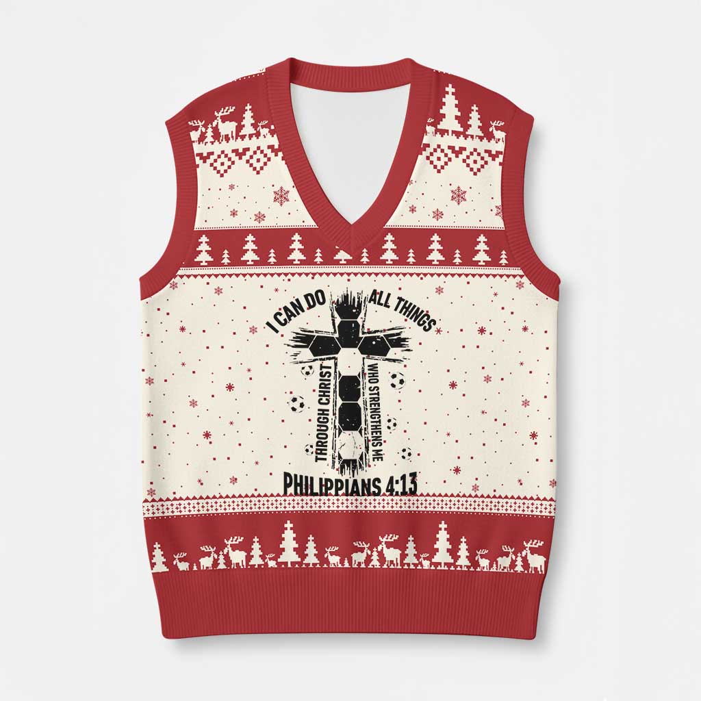 I Can Do All Things Through Christ V-Neck Knit Sweater Vest Christian Soccer Faith TS12 Beige Red Print Your Wear