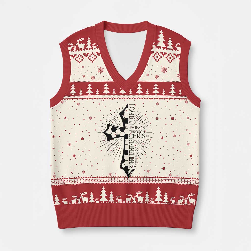 I Can Do All Things Through Christ V-Neck Knit Sweater Vest Christian Soccer Cross Gift TS12 Beige Red Print Your Wear