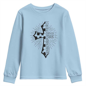 I Can Do All Things Through Christ Youth Sweatshirt Christian Soccer Cross Gift TS12 Light Blue Print Your Wear
