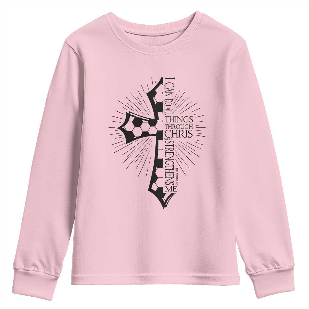 I Can Do All Things Through Christ Youth Sweatshirt Christian Soccer Cross Gift TS12 Light Pink Print Your Wear
