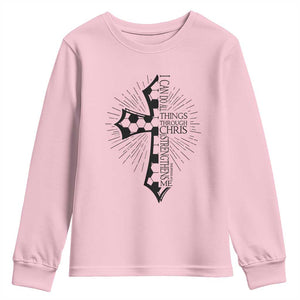 I Can Do All Things Through Christ Youth Sweatshirt Christian Soccer Cross Gift TS12 Light Pink Print Your Wear