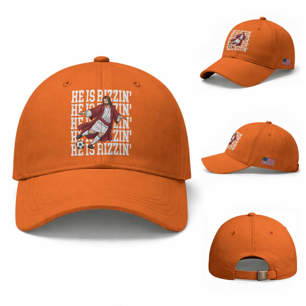 He Is Rizzin Baseball Cap Funny Christian Soccer Lover Gift TS12 Baseball Cap Universal Fit Orange Print Your Wear