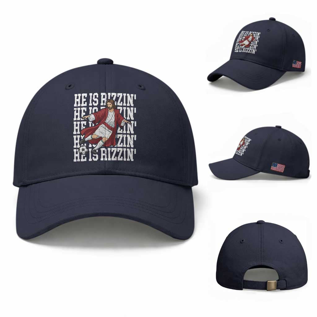 He Is Rizzin Baseball Cap Funny Christian Soccer Lover Gift TS12 Baseball Cap Universal Fit Navy Print Your Wear