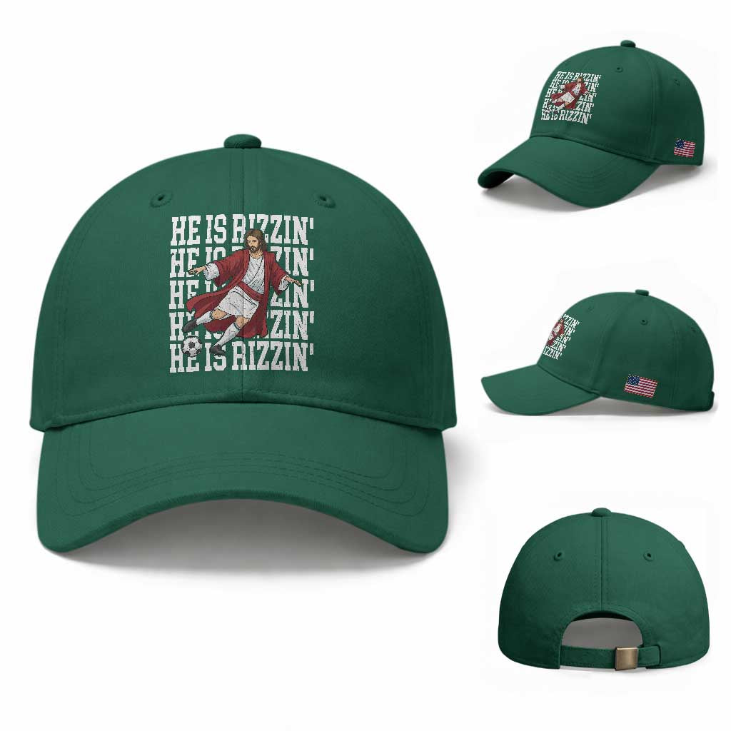 He Is Rizzin Baseball Cap Funny Christian Soccer Lover Gift TS12 Baseball Cap Universal Fit Irish Green Print Your Wear