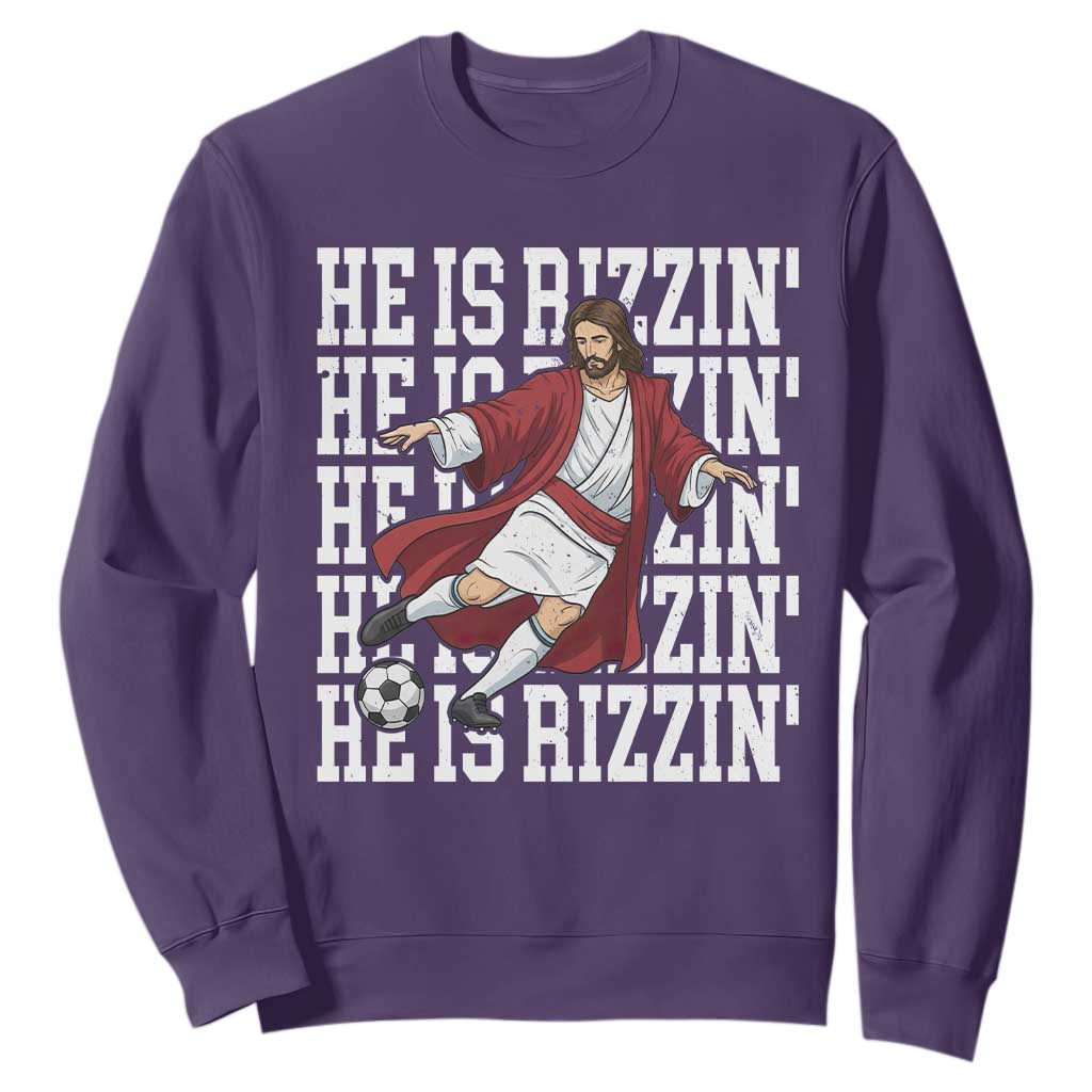 He Is Rizzin Sweatshirt Funny Christian Soccer Lover Gift TS12 Purple Print Your Wear