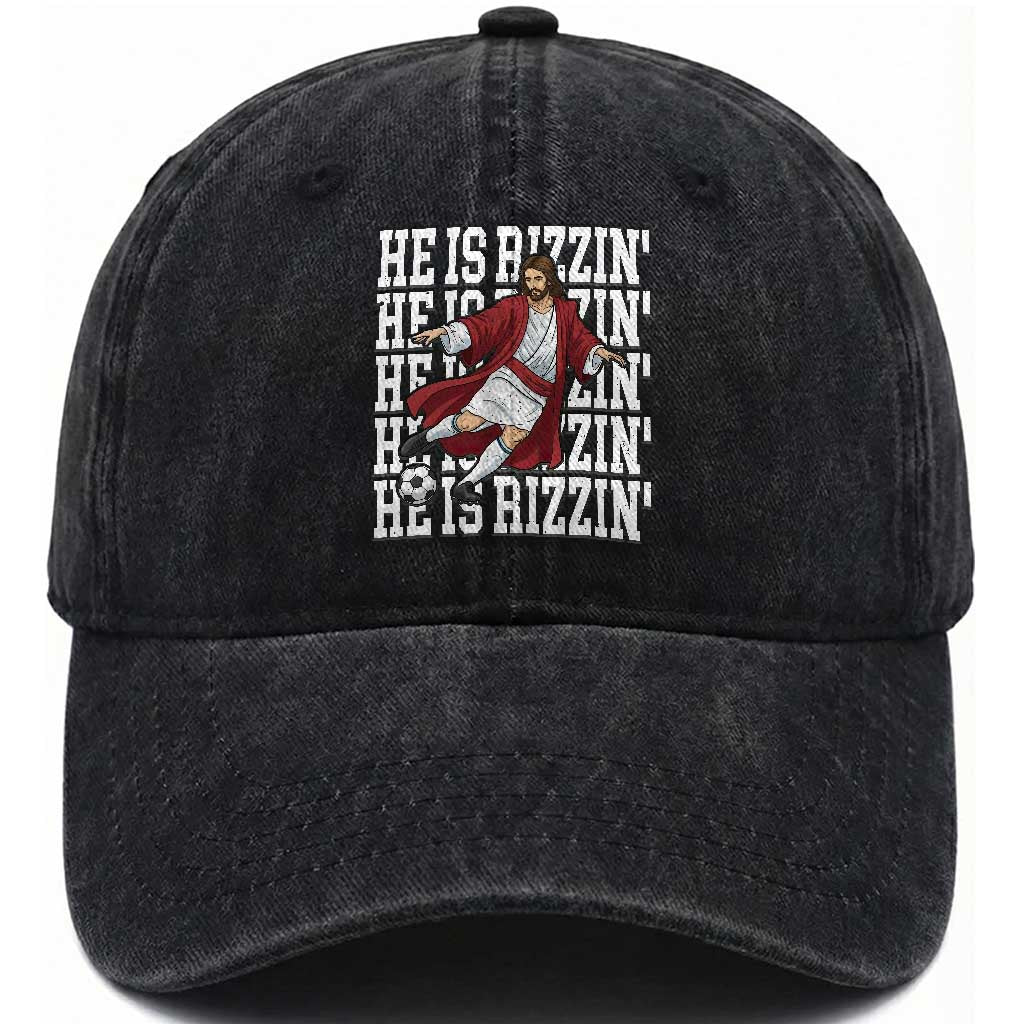 He Is Rizzin Washed Cotton Baseball Cap Funny Christian Soccer Lover Gift TS12 Print Your Wear