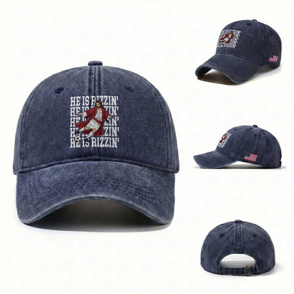 He Is Rizzin Washed Cotton Baseball Cap Funny Christian Soccer Lover Gift TS12 Washed Cap Universal Fit Navy Print Your Wear