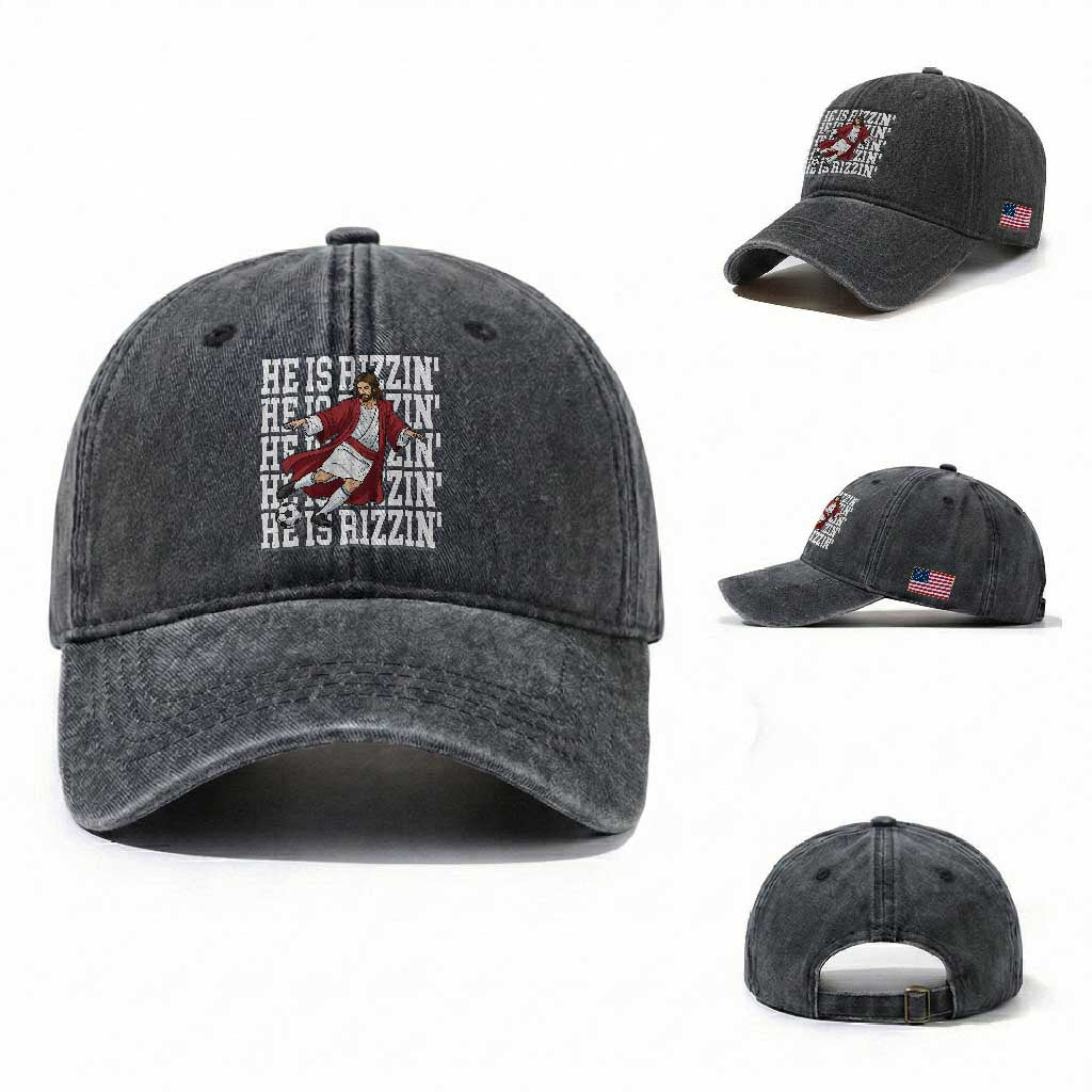 He Is Rizzin Washed Cotton Baseball Cap Funny Christian Soccer Lover Gift TS12 Washed Cap Universal Fit Dark Gray Print Your Wear