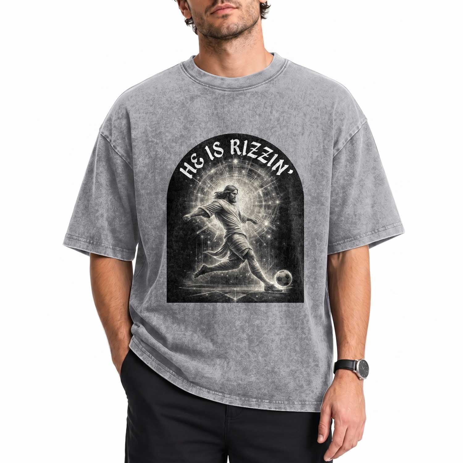 He Is Rizzin Washed Cotton T-Shirt Funny Christian Faith Soccer Player Gift