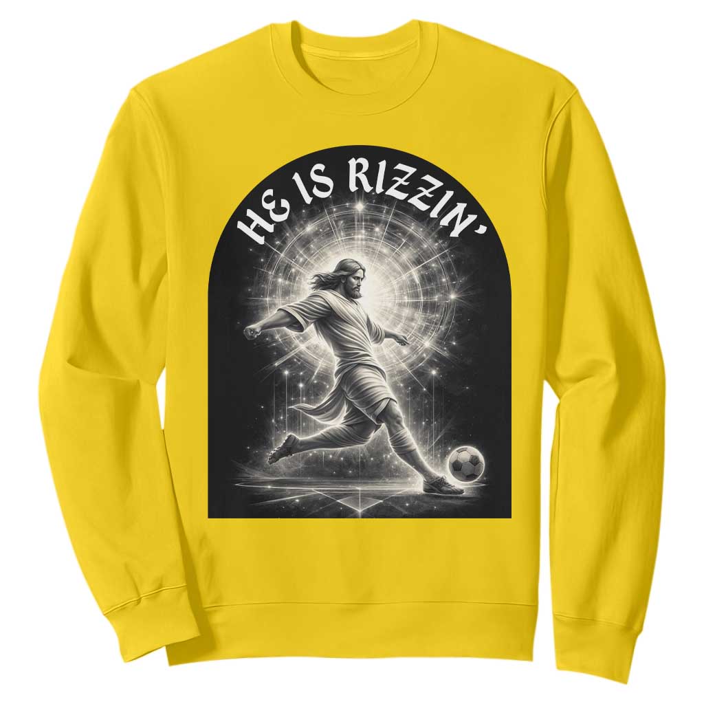 He Is Rizzin Sweatshirt Funny Christian Faith Soccer Player Gift TS12 Daisy Print Your Wear