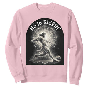 He Is Rizzin Sweatshirt Funny Christian Faith Soccer Player Gift TS12 Light Pink Print Your Wear