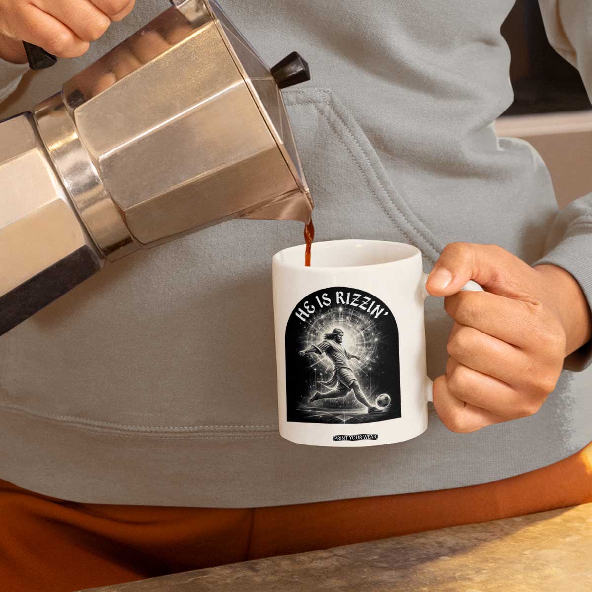 He Is Rizzin Coffee Mug Funny Christian Faith Soccer Player Gift TS12 Print Your Wear