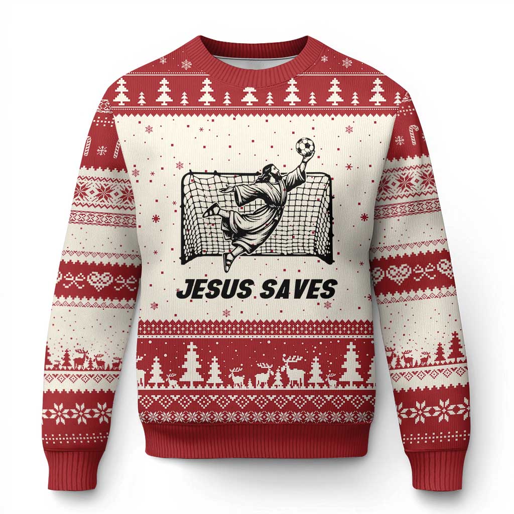 Jesus Saves Ugly Christmas Sweater Funny Christian Soccer Goalie TS12 Beige Red Print Your Wear